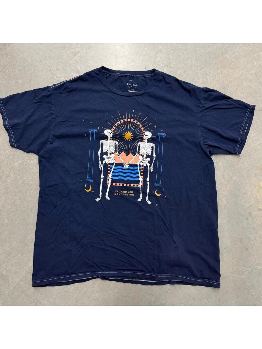 Y2K PS / LA Skeleton Graphic T-Shirt "I'll Find You In Any Lifetime" Navy Medium